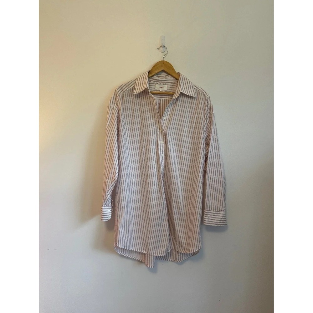 Xirena Striped Cotton OversizButton Down Shirt in Tan and White | Size XS
